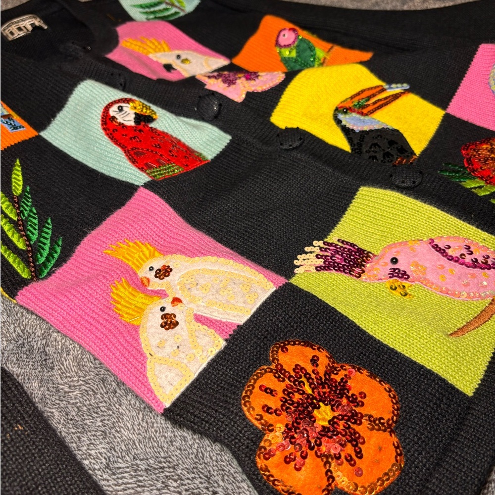 Vintage Berek Black Multicolor Hand Crafted Bird Cardigan - Picture 8 of 9